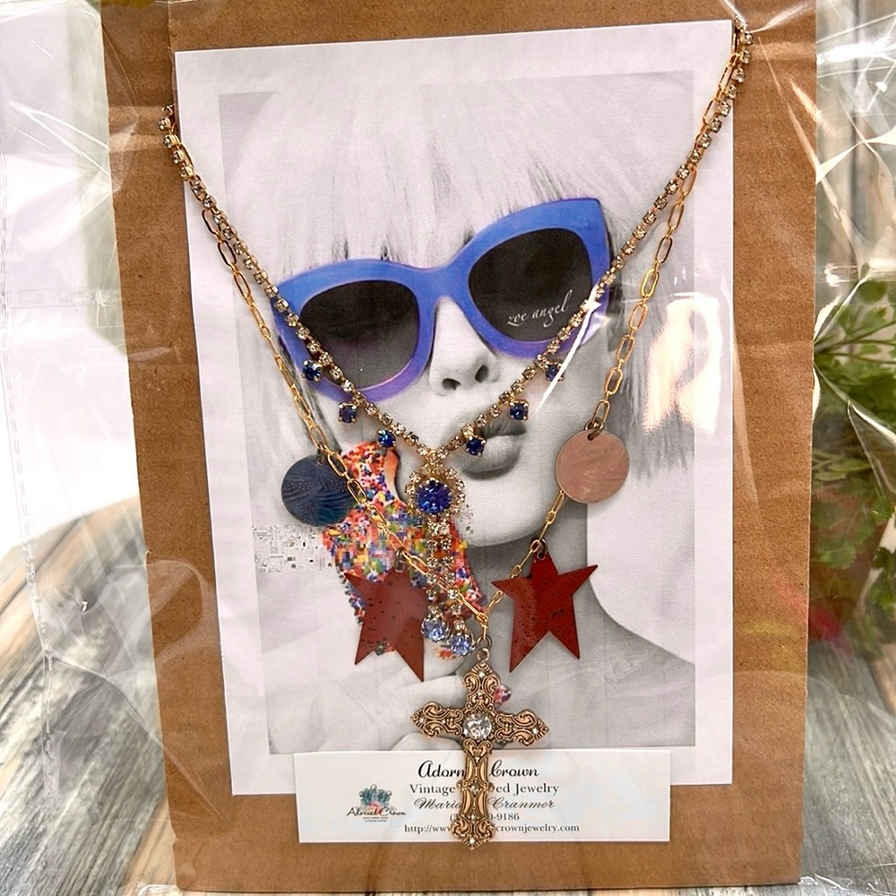 ⭐️Adorned crown patriotic July 4the star spangled layer necklace - Picture 9 of 11
